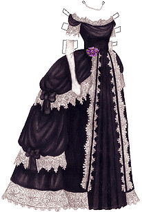 A black ballgown with a large bustle, trimmed with plenty of white lace in various styles and widths. It is decorated with a corsage of purple violets at the waist.
