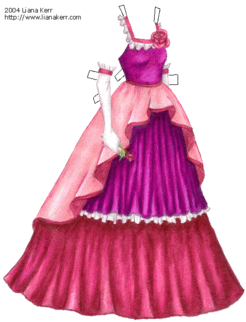 A hot pink, light pink and purple gown with three separate layers that can be mixed and matched to create different styles of dresses.
