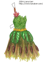 A one-shoulder dress composed of marsh plants, with a pink lily at the shoulder and lilypads at the waist.