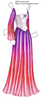 A gown with full, long sleeves, a fitted white bodice and a long skirt. The sleeves and skirt are colored in purple and pink.