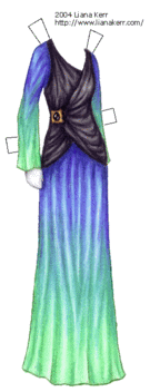 A gown with full, long sleeves and a long skirt, colored in blue and green. There is a black vest worn over the torso.