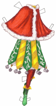 A red cape trimmed with white fur, covering the entire upper body, and a green and yellow striped skirt trimmed with bells. There are red stockings and elfish green and yellow shoes.
