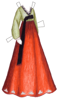 A short green jacket with wide, curving sleeves and a lapped collar. There is a wide black bow at the front with one side hanging down to the knees. The jacket is worn over a wide red skirt-like garment that has the waist near the bust and extends to the floor.