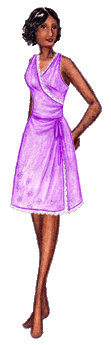 Iris is an adult female paper doll. She has dark brown skin and curly black hair. She is wearing a sleeveless lavender wrap dress, patterned with dark purple flowers around the hem and white lace by the neck and hem.