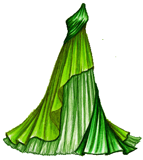 A one-shoulder green gown, with a bottle green top that appears to be pulled behind the gown at the waist and wrapped around the back, reappearing at the hem. Under it is an asymmetric grass green layer that ends around the knees, and from there to the hem is an underskirt in a third shade of green.