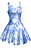 A sleeveless sundress with a scoop neck and an above the knee hemline. It is a light blue, with a large, swirly blue pattern all over.