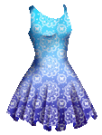 A sleeveless sundress with a scoop neck and an above the knee hemline. It is a light sky blue at the bodice, gradually turning into a dark blue near the hem. It is covered with lace, which is in a medallion pattern decorated with curls and butterflies.