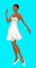 An adult female paper doll, posing gracefully with one hand in front of her face and one stretched to the side. Her skin is dark and she has close-cropped black hair. The image is a work in progress, and she's missing her face. She's wearing a strapless white slip decorated with lace and white lace-trimmed slippers.