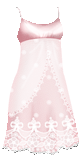 A pink satin dress with straps over the shoulders and an empire waist. The above-the-knee length skirt is covered with white lace, with a sparse pattern of flowers near the top, and an elaborate pattern of ribbons, flowers and leaves by the hem. Another row of lace adorns the hem. There is a layer of sheer white fabric attached at the bodice, which drapes over the skirt and is cut away in front, trimmed with more lace.