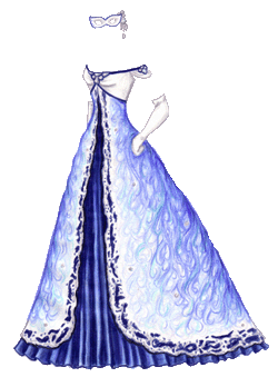 A blue gown with a wavy pattern of blue curls on the overskirt, decorated with iridescent crystals.