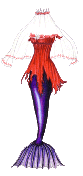 A mermaid tail in iridescent purple, with a tattered red tunic decorated with red seaweed and white lilies, plus a veil.