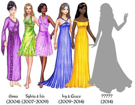 Six paperdolls. From left to right: Anna, 2004, a white female doll with black hair in an elaborate updo. She is wearing a purple robe. Sylvia, 2007-2009, a white female doll with brownish-blonde hair worn loosely around her shoulders. She is wearing a green dress with a flower and ladybug pattern. Iris, 2007-2009, a black female doll with chin-length, curly black hair. She is wearing a purple wrap dress trimmed with white lace. Ivy, 2009-2014, a white female doll with long, wavy brown hair worn down. She is wearing a blue gown and a tiara. Grace, 2009-2014, a black female doll with long, straight black hair worn down. She is wearing a yellow gown and a tiara. An unnamed doll, 2014. She is shown in silhouette.