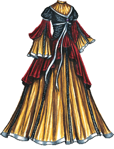 A dramatic golden gown with a red and black overdress. The golden underdress has long, bell-shaped sleeves with white satin ribbon at the hem and thin black lace panels down the front. It is gathered at the neck, with a choker-style collar. The long, full skirt has several thin black lace panels running up and down its length, and is trimmed at the hem with satin ribbon. The overdress has a shiny black bodice with a V neck, puffed sleeves and an empire waist, and is open at the front under the bust, ending above the hips. Under the puffed sleeves is a band of white ribbon, then a red velvet sleeve, split in the front to show the black lace panel on the sleeve of golden underskirt and about half the length of that sleeve. Under the end of the black part of the overskirt is a red velvet skirt, pleated and higher at the front, then gradually falling to about knee level at the base. The red parts are decorated with a subtle vine pattern at the hem. The black part of the overdress is decorated with white ribbon and has a purple gem set in the front, from which two long white ribbons trail down to the knee.