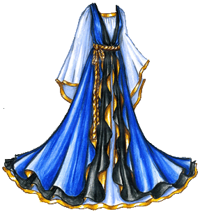 A flowing, loose gown made of three layers. The innermost layer is a light blue tunic with wide sleeves that fall to the wrist and a full hemline that reaches to the feet. The hem, edge of the sleeves and neck are edged with gold trim. Over that are two sleeveless tunics. The one on the outside is dark blue and open in the front, while the one underneath that is dark blue and crosses in a V at the front near the waistline so that the light blue of the first tunic is visible. The entire dress is belted at the waist with a gold rope belt, which is tied in a bow at the side and has long ends that fall to the knee. The edges of the two top tunics are draped in soft folds which show the gold reverse side of the fabric, and the edges are staggered so that you can see part of the black tunic under the blue one and part of the light blue tunic under the black one. The edges of all three skirts fan out in a trumpet shape near the hem.