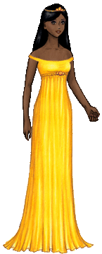 Grace is an adult female paper doll. She has dark brown skin and long, straight black hair. She has starry eyes and a slight smile. She is wearing a sunny yellow off-the-shoulder gown with an empire waist decorated by three orange opals, as well as a gold tiara decorated with more opals.