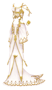 A two-piece, sleek and sleeveless white dress adorned with gold jewelry and golden decoration on the fabric.