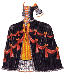 A black French court gown with a wide skirt, decorated with Halloween motifs and swags of orange fabric.