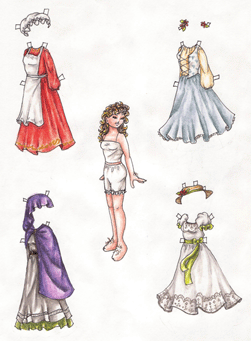 A curly-haired hobbit girl with four outfits: a purple traveling cloak over a grey dress, a red dress for cleaning, a springy white dress and a blue vest and skirt over a ivory blouse.