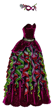 A strapless, velvet gown with a silver sash around the waist, a peplum, and multiple ruffles dangling from the waist. Most of the gown is dark magenta, while the ruffles are either magenta, green or red at the edges, turning grey towards the top of the ruffle.