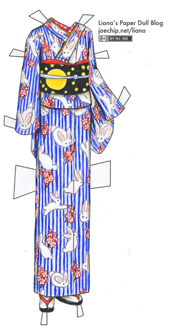 Blue Striped Komon Kimono with White Rabbit and Plum Blossom Pattern ...
