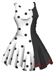 A sleeveless sundress with a hem above the knee and a scoop neck. It is split in half, with one half black and one half white. The white half is patterned with large black polka dots, while the black half has a strange red lightning bolt-esque pattern around the hem.