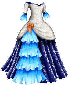 A masquerade gown with a bodice patterned with white lace. The neckline is off the shoulders and slightly V-shaped, and is trimmed with a line of sparkling blue ribbon. The sleeves are three-quarter, and their edges are trimmed with more sparkling blue ribbon. There are long ruffles attached to the edges of the sleeves, and they are colored in a gradient from dark blue to light blue, nearly white, at the edges. They are decorated with a light water pattern. The bodice extends over the top of the skirt and is gathered at one hip, decorated with a bright coral-colored bow. From the bow, four rows of ruffles fall towards the base of the skirt like a waterfall. Each one is colored from dark blue to light blue at the edge, and each one is decorated with a light water pattern. The skirt is royal blue, deeply pleated, and patterned with sequins, so that at the top of each pleat they catch the light and sparkle vividly. The skirt is long, and falls to the floor.