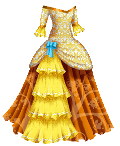 A masquerade gown with a bodice with a yellow damask pattern. The neckline is off the shoulders and slightly V-shaped, and is trimmed with a line of orange ribbon. The sleeves are three-quarter, and their edges are trimmed with more orange ribbon. There are long ruffles attached to the edges of the sleeves, and they are yellow and decorated with a lacy pattern. The bodice extends over the top of the skirt and is gathered at one hip, decorated with a light blue bow. From the bow, four rows of ruffles fall towards the base of the skirt like a waterfall. Each one is made of yellow lace. The skirt is orange, and falls to the floor. It is decorated with a leafy branch pattern in light orange