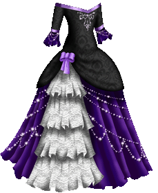 A masquerade gown with a black velvet bodice with a damask pattern. The neckline is off the shoulders and slightly V-shaped, and is trimmed with a line of light purple ribbon. There is a decoration of rhinestones at the bust. The sleeves are three-quarter, and their edges are trimmed with more purple ribbon. There are long ruffles attached to the edges of the sleeves, and they are purple and decorated with strands of glowing rhinestones. The bodice extends over the top of the skirt and is gathered at one hip, decorated with a light purple bow. From the bow, four rows of ruffles fall towards the base of the skirt like a waterfall. Each one is made of white lace. The skirt is purple, and falls to the floor. It is decorated with looped strands of delicate rhinestones.