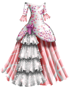 A masquerade gown with a white bodice, patterned all over with clouds of pink and reddish-purple cherry blossoms. The neckline is off the shoulders and slightly V-shaped, and is trimmed with a line of sparkling white sequins. The sleeves are three-quarter, and their edges are trimmed with more white sequins. There are long ruffles attached to the edges of the sleeves, and they are pink and patterned with abstract white swirls. The bodice extends over the top of the skirt and is gathered at one hip, decorated with a light reddish-purple bow. From the bow, four rows of ruffles fall towards the base of the skirt like a waterfall. Each one is covered with sparkling white sequins. The skirt is light pink, and falls to the floor. It is patterned with abstract white swirls.