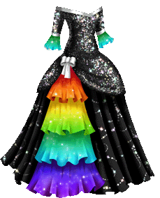 A masquerade gown with a black bodice, covered with sparkling sequins which subtly shine in blue, red, green, purple and yellow. The neckline is off the shoulders and slightly V-shaped, and is trimmed with a line of white ribbon. The sleeves are three-quarter, and their edges are trimmed with more white ribbon. There are long ruffles attached to the edges of the sleeves, and they are a gradient of green to blue, decorated with a pattern of mist and stars. The bodice extends over the top of the skirt and is gathered at one hip, decorated with a white bow. From the bow, four rows of ruffles fall towards the base of the skirt like a waterfall. The ruffles form a rainbow gradient, and are decorated with a pattern of mist and stars. The skirt is black, and falls to the floor. It is patterned with abstract swirls of glowing dots, some of which subtly sparkle with rainbow colors.
