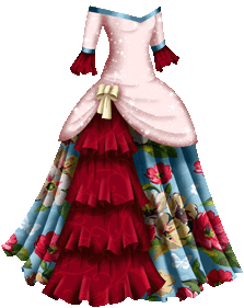 A masquerade gown with a sparkly, light pink bodice The neckline is off the shoulders and slightly V-shaped, and is trimmed with a line of light blue ribbon ribbon. The sleeves are three-quarter, and their edges are trimmed with more blue ribbon. There are long ruffles attached to the edges of the sleeves, and they are dark red and decorated with large, lighter red swirls. The bodice extends over the top of the skirt and is gathered at one hip, decorated with a cream-colored bow. From the bow, four rows of ruffles fall towards the base of the skirt like a waterfall. Each one is dark red and decorated with large, lighter red swirls. The skirt is light blue with an apple blossom pattern. The flowers are cream, pink and dark red, and are interspersed with white butterflies. The skirt is long, and falls to the floor.