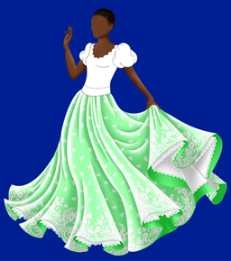 A adult princess doll with brown skin and close-cropped black hair. She's unfinished, and she has no face and a black and white bodice. The skirt is the only part that looks finished, and it's large and flowing, reaching to the floor. It's light green, and has a white, lace-edged petticoat. There is a white lace overlay over the green skirt, with a small butterfly pattern and a swirling lace pattern near the hem.