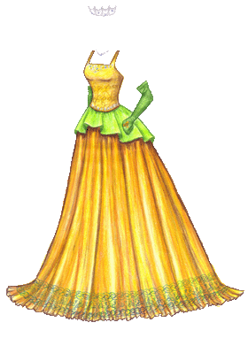 A golden sleeveless gown with a square neck and a green peplum, decorated with scrolls and Celtic patterns.