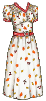A white dress patterned all over with small orange, yellow and red leaves in different shapes. The sleeves are short, slightly puffed at the shoulder and bordered at the bottom edge with a looped pattern in bright red. It has a V-neck, also bordered with the same red pattern, and pintucks at the shoulders. There's a row of three tightly-spaced small white buttons over the bust, and it's cinched at the waist with a red-patterned belt which has a white circle-shaped buckle. The skirt is a simple A-line skirt with a hemline a few inches below the knee.