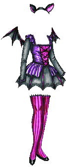 A bat costume consisting of a dark grey dress with long sleeves, a square neckline and a full skirt that reaches to mid-thigh. Up and down the sleeves, and on the hem, are small floral patterns, there's purple lace at the wrists and shiny purple ribbons running from the waist to the hem. Over this is a purple satin bodice with a split purple satin skirt that reaches partially down the grey underskirt and small purple ruffles at each shoulder. The bodice is open in front, and laces over a reddish-purple and pink patterned panel. The costume has little black bat wings with purple accents, as well as black and purple bat ears on a black headband. The stockings reach above the knee and are vertically striped in pink and reddish purple, with purple lace at the top and shiny black shoes.