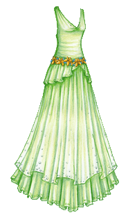 A sleeveless light green gown with a deep V neckline, made of light, filmy fabric. The bodice has a slightly dropped waistline and a gathered peplum decorated with a subtle scroll pattern. The neckline is decorated with small silver beads, and there is a belt of gold lilies and small blue forget-me-nots around the dropped waist. There is a semi-transparent overskirt of light green, decorated at the hem with silver beads, which goes over a calf-length underskirt of light green, decorated with a scroll pattern at the hem.