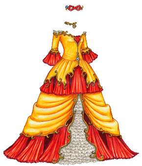 A brilliantly colored masquerade gown in bright reds and oranges. The neckline is off-the-shoulder and decorated with a gold scroll pattern. The scrolls are uneven, giving the appearance of flames. There is a small ruffle of white fabric at each shoulder, and the bodice is orange. The sleeves are three-quarter and are decorated with more golden scrolls and bright red ruffles. The bodice is slightly open at the bust, showing a bright red ruffle underneath, and there are three blue gemstones at the waist. There is a bright orange peplum, bordered with uneven, fire-like scrolls. Under that is a row of wide, bright red ruffles, then an orange skirt, open in the middle and gathered at each side, with the folds falling gracefully to each side. More wide red ruffles border the skirt, and more golden scrolls edge the skirt. The open overskirt reveals an underskirt consisting of dozens of layers of ruffled white fabric. There is a gold necklace with a blue stone, and a red mask that covers only the top part of the face.