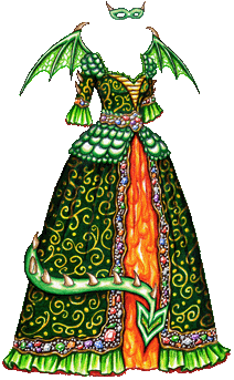 A green masquerade gown patterned with dragon scales at the waist and shoulders, a green overskirt patterned with rich golden swirls and trimmed with multicolored jewels and a flame-colored underskirt. It has delicate green wings and a dragon tail that curls in front of the skirt.