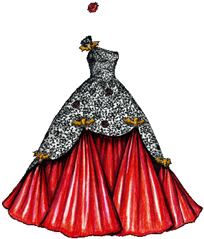 A dramatic ballgown with a fitted bodice and overskirt made of rose-patterned black lace over white fabric. It has one shoulder strap decorated with a gold bat with red eyes, and there's four more bats evenly spaced around the scalloped edge of the overskirt. The underskirt is shiny red satin and flares out from underneath the underskirt. The skirt is bell-shaped and reaches the floor.