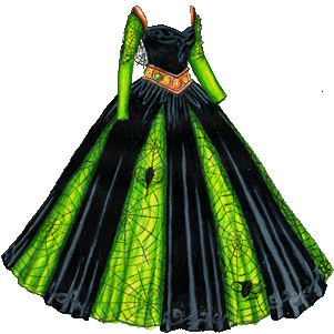 A black ballgown with a flared, full skirt and long sleeves. The skirt is made of black velvet, with triangular cutouts that start near the waist which reveal a underskirt made of swirled green and chartreuse fabric and covered with lace that looks like spiderwebs. There are two flies trapped in the webs. There's a wide V-shaped copper belt at the waist, set with orange, green and yellow jewels. The bodice is made of black velvet and has a feathery pattern near the top. There are more copper accents near the shoulders, and the green sleeves are straight, fall to the wrist, and are overlaid with more spiderweb lace.