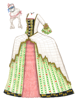 A French court dress with a wide skirt, decorated with red hotels and green houses from the game Monopoly and split in the front to show a pink lace slip. The overskirt has a jagged line pattern on the edge modeled after the falling Dow Jones, and the bows on the front are made of folded dollar bills. There is also a tall white wig, with a full bucket of water tied on precariously with pink ribbons.