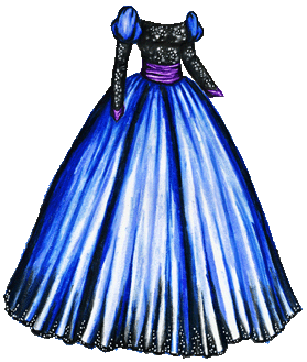  A dramatic ball gown with a black sequined bodice and long sleeves, puffed blue sleeves at the shoulder and a full, shiny blue skirt with a black sequined hem. There's a wide purple satin sash around the waist and purple satin at the wrists.