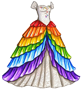 A white gown with a sweetheart neckline and off-the-shoulder poofed sleeves. The bodice is covered with a lacy pattern, and different colors of gemstones scattered along the edge and trailing down towards the waist. The full skirt is covered with seven layers, one for each color of the rainbow, with red near the waist, then orange underneath it, then yellow, green, blue and finally purple. Each layer is longer than the one before, and they split at the front of the gown to reveal the white underskirt, with its lacy pattern, which reaches to the floor.