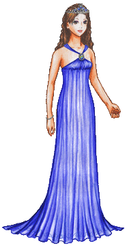 Ivy is an adult female paper doll. She has light peach skin and wavy, long brown hair. She has bright eyes and a sweet smile. She is wearing a deep blue sleeveless empire-waist gown. The neckline is decorated with an opal.