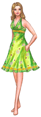 Sylvia is an adult female paper doll. She has light peach skin and wavy dark blonde hair. She is wearing a sleeveless green halter dress patterned with white flowers and red dots and trimmed with yellow ribbon.