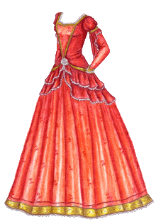 A red princess gown with puffed sleeves and rows of ruffles at the waist, embroidered with roses and bordered at the hem with gold.