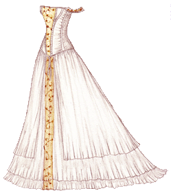 A white off-the-shoulder gown with a cream-colored panel of flower-patterned fabric on the front of the corset and down the front of the skirt.