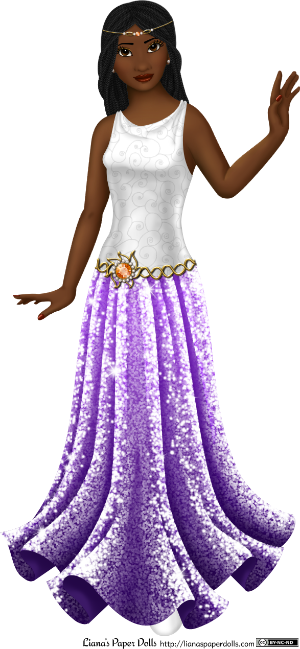 An adult female paper doll in a white and purple gown. She has dark brown skin and black hair arranged in several small box braids that curve gently around her face and fall past her shoulders. Her eyes are brown with tiny gold flecks, and she has sparkly gold eyeshadow. Her lips are full and deep  red, and she is wearing pearl earrings. She is wearing a sleeveless dress with a scoop neck, slightly gathered at the shoulders. The top is white satin, decorated with a pattern of light grey spirals. Around her hips is a belt made of gold, with a sunburst pattern in the middle. Set in the middle of the belt is a brilliant topaz rounded with pearls. The skirt is long and trumpet shaped, flaring out at the calves, and is light magenta at the top and deep purple at the base. It is covered all over with sequins. She also wears a gold circlet decorated with pearls and a second topaz.
