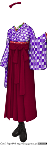 A kimono and hakama set with black leather boots. The kimono is white with a small geometrical design of purple arrowheads, and the inner collar is pink with strawberries, strawberry leaves and strawberry flowers embroidered on it. The obi is red with white asanoha, or geometrical star patterns on it, and it is mostly covered by the ties of the hakama. The hakama are a pair of reddish-purple pants with very wide legs, pleated at the front so that they look more like a skirt. It is worn slightly above the waist, and ties in the front. The bow droops down, and the ends of the ties extend towards the knees. There is a reddish-purple hairbow to go with the ensemble.
