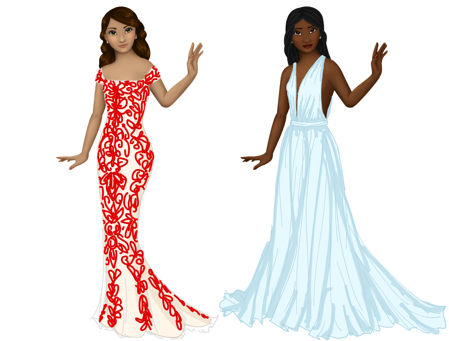 Mia and Leyla in Bette Midler and Lupita Nyong'o's Oscar gowns. Bette's is a cream mermaid dress with thick red lace, and Lupita's is a light blue gown with a low V neck and a full skirt, classically draped.
